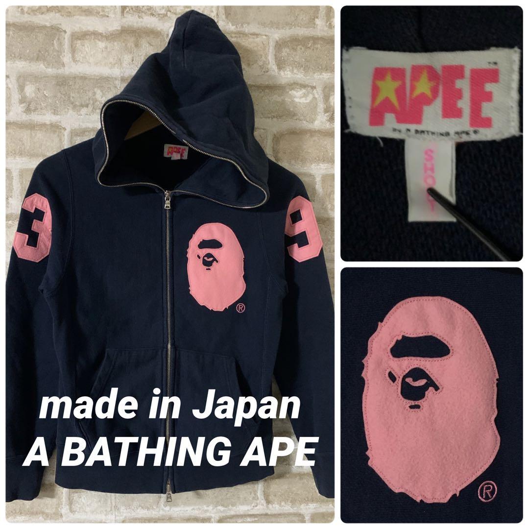 APEE エイプ　レディースS SHORT パーカー　ビッグロゴ ワッペン　紺