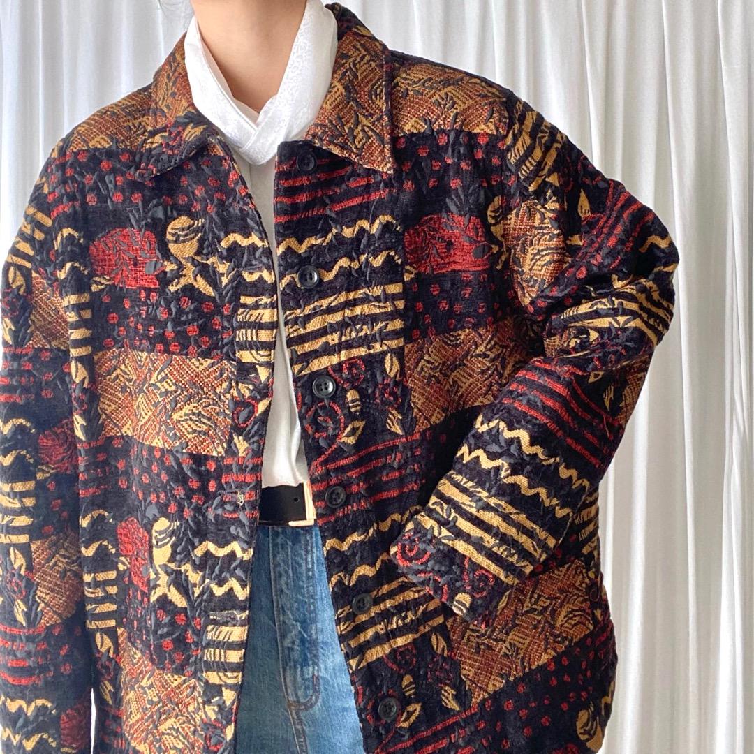 ヴィンテージ 総柄 ゴブラン織り 刺繍 ジャケット 古着 レトロ B389