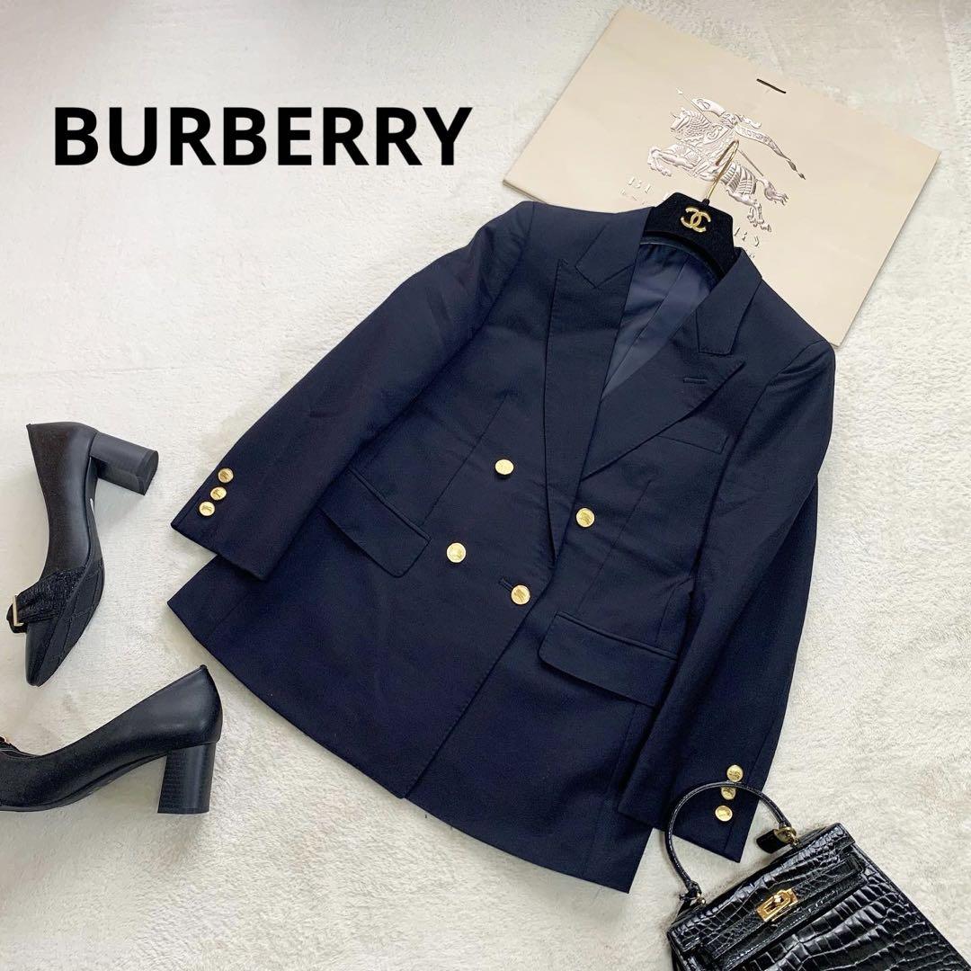 【美品】BURBERRY 紺ブレ ブレザー モヘヤ混 金ボタン ロゴ刻印 M